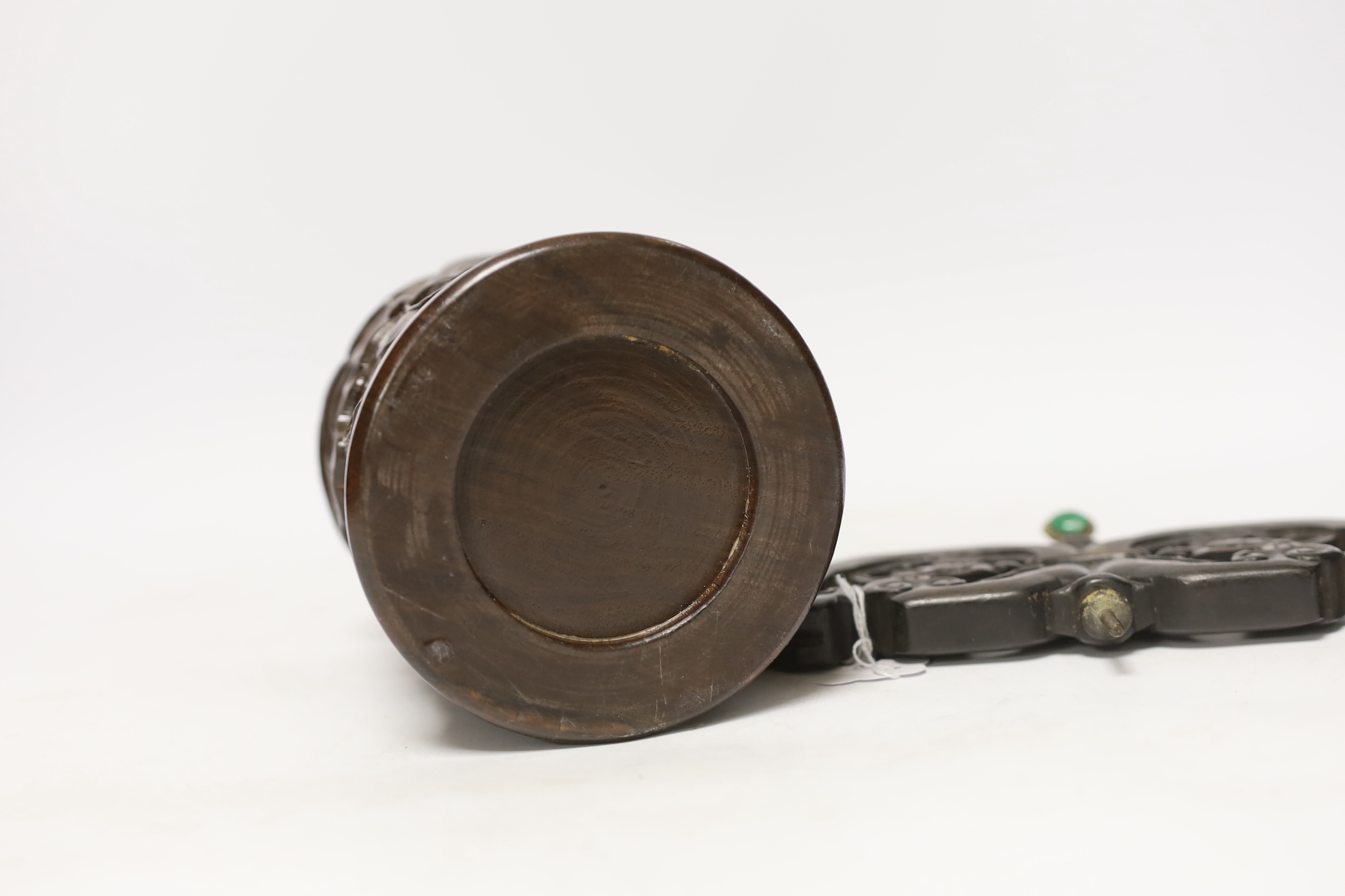 A Chinese hardwood finial and a brush pot, 13cm high